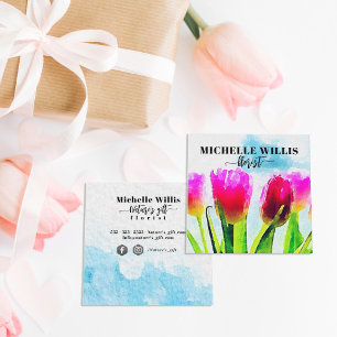Tarjeta De Visita Cuadrada Florismo de tulipanes rosados de color de agua exp