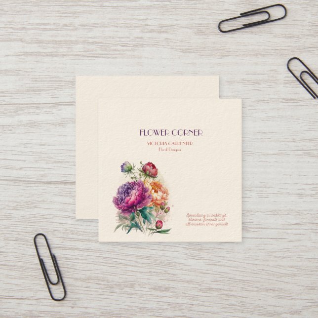 Tarjeta De Visita Cuadrada Florist Shop Peonies (Anverso/Reverso In Situ)