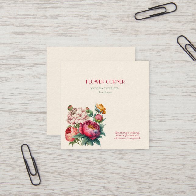 Tarjeta De Visita Cuadrada Florist Shop Peonies (Anverso/Reverso In Situ)