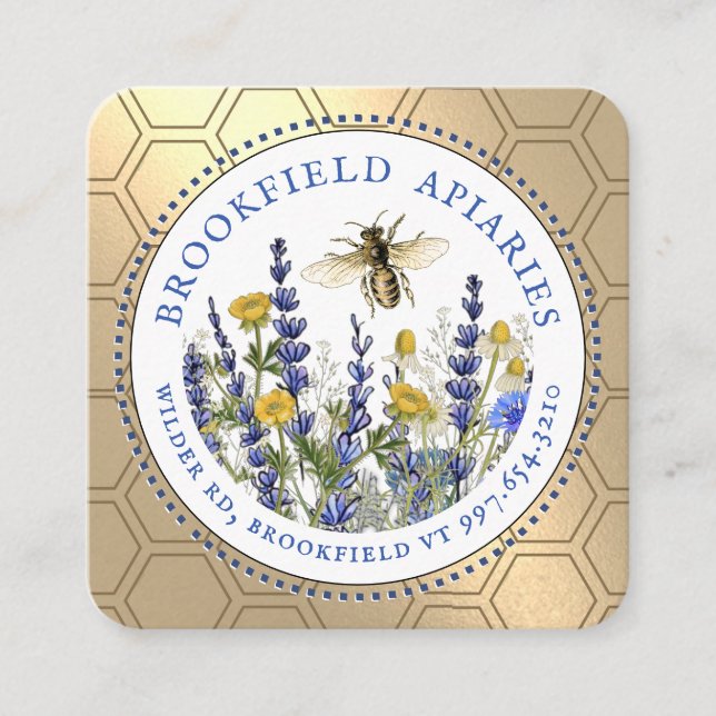 Tarjeta De Visita Cuadrada Flower Gold Honeycomb Bee Honey Business Card (Anverso)