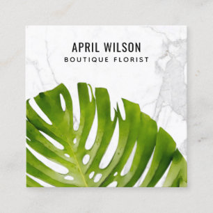 TARJETA DE VISITA CUADRADA FOLIAGE DE MÁRMOL WATERCOLOR VERDE MONSTERA LEAF
