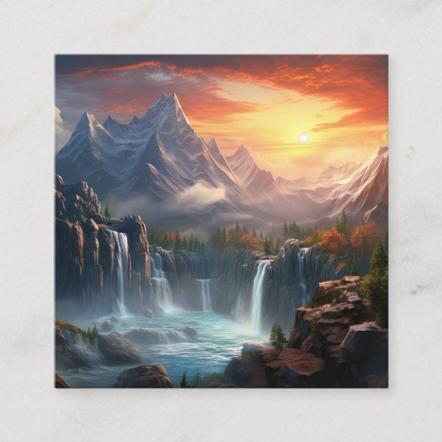 Tarjeta De Visita Cuadrada Fondo del paisaje de las montañas de las cataratas (Anverso)