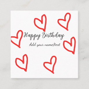 Tarjeta De Visita Cuadrada Forma de corazón rojo feliz cumpleaños agregar tex