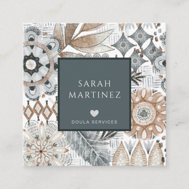 Tarjeta De Visita Cuadrada Formas dibujadas a mano de Boho Servicios de nacim (Anverso)
