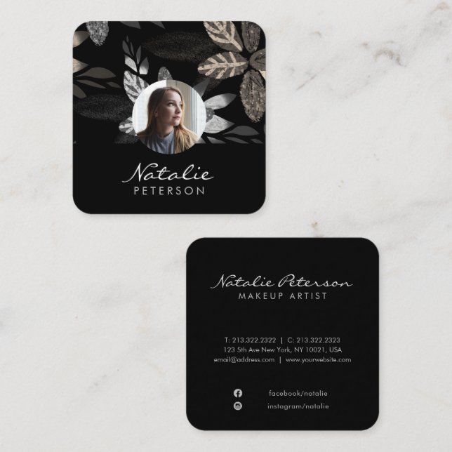 Tarjeta De Visita Cuadrada foto de escritura botánica azul marino de plata (Anverso / Reverso)