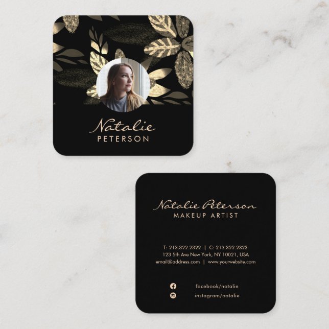 Tarjeta De Visita Cuadrada foto de escritura botánica de oro de lujo (Anverso / Reverso)