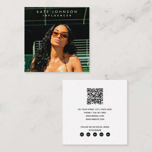 Tarjeta De Visita Cuadrada Foto de Influencer Moderno Código QR Medios Social (Anverso / Reverso)