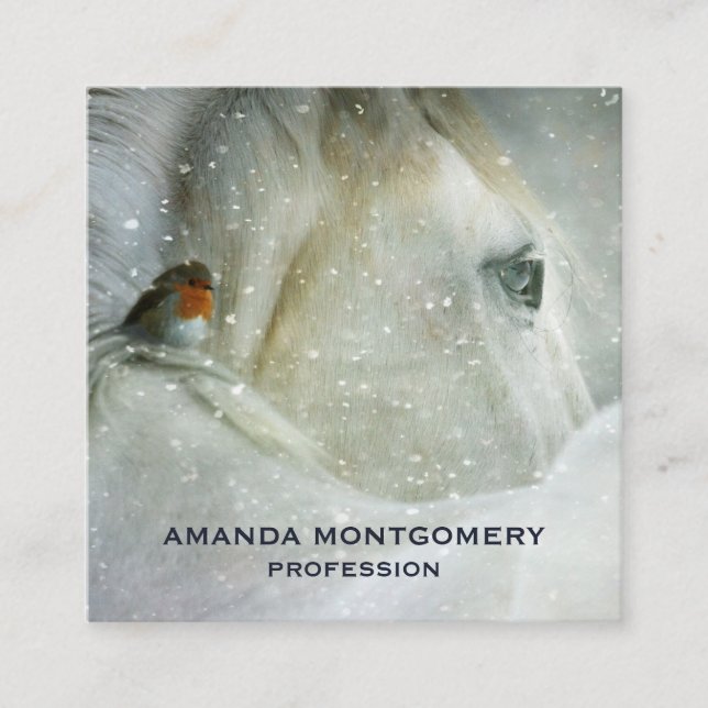 Tarjeta De Visita Cuadrada Foto de un caballo blanco y un pájaro en invierno (Anverso)