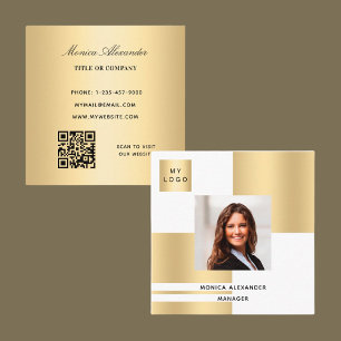Tarjeta De Visita Cuadrada Foto del código QR del logotipo de oro blanco