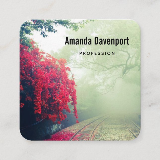 Tarjeta De Visita Cuadrada Foto escénica de Misty Railroad Tracks (Anverso)