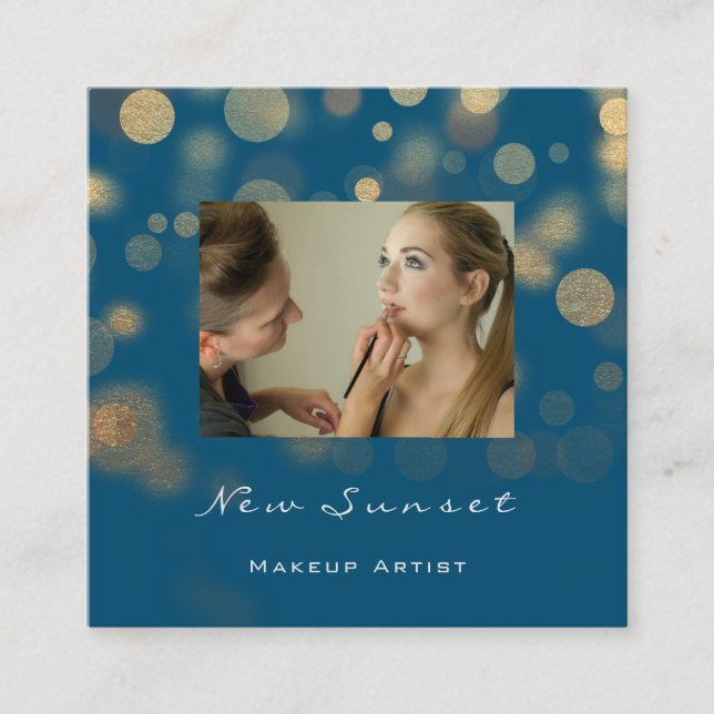 Tarjeta De Visita Cuadrada Foto Linen Makeup Artista Profesional Oro Azul (Anverso)
