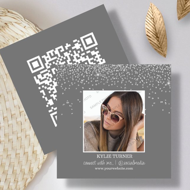Tarjeta De Visita Cuadrada Foto | Medios sociales | Purpurina gris | Código Q (Subido por el creador)
