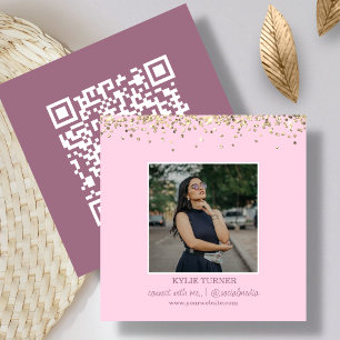 Tarjeta De Visita Cuadrada Foto   Medios sociales   Purpurina rosa   Código Q