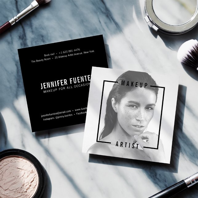 Tarjeta De Visita Cuadrada Foto moderna artista de maquillaje de tipografía n (Modern photo bold black typography makeup artist)