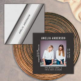 Tarjeta De Visita Cuadrada Foto Personalizada Blanco y Negro Raya Retro 70s, 