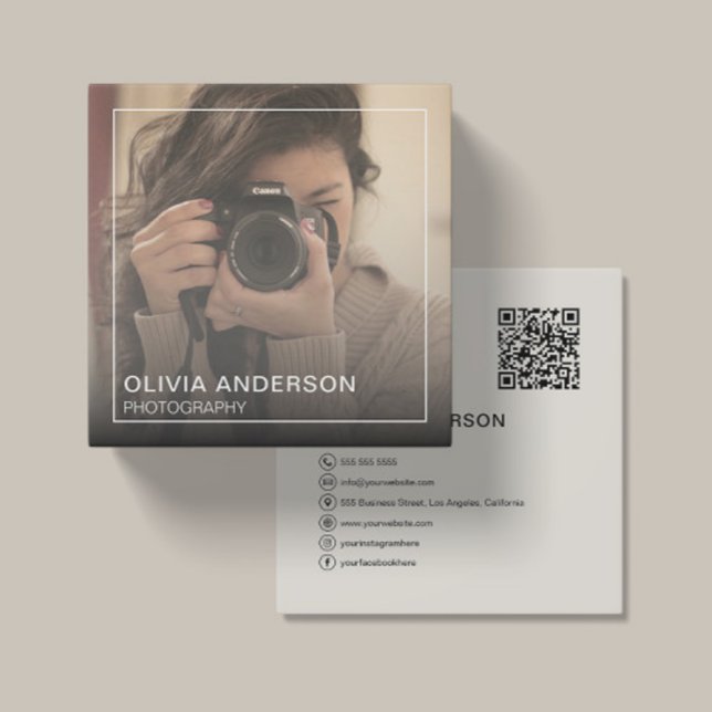 Tarjeta De Visita Cuadrada Foto personalizado Código QR Medios sociales (Custom Photo QR Code Social Media Square Business Card)