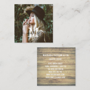 Tarjeta De Visita Cuadrada Foto personalizado Rustic Wood Monograma Profesion