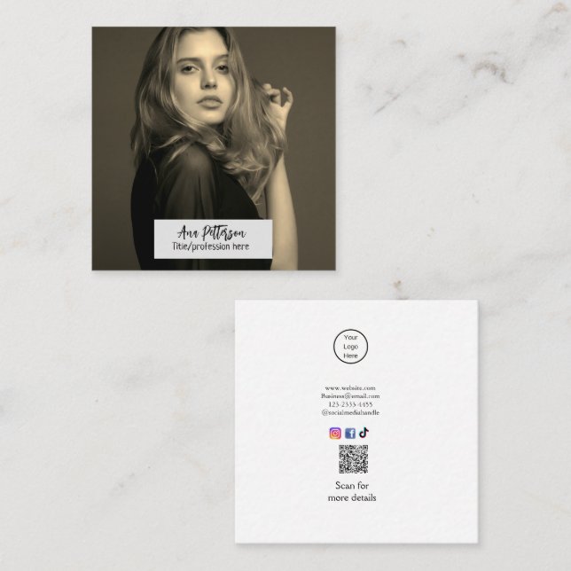Tarjeta De Visita Cuadrada foto profesional sitio web QR email social moderno (Anverso / Reverso)