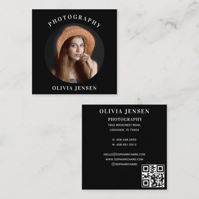 Tarjeta De Visita Cuadrada Fotografía Elegante Caligrafía Profesional (Anverso / Reverso)