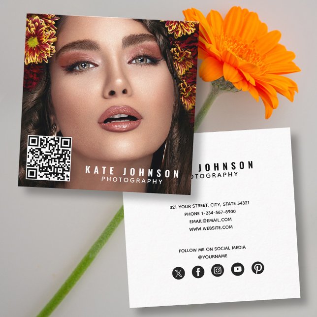 Tarjeta De Visita Cuadrada Fotografía moderna Fotografía simple Código QR mín (Modern Photography Simple Photo Minimal QR Code Square Business Card)
