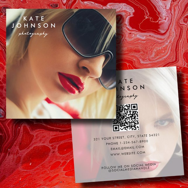 Tarjeta De Visita Cuadrada Fotografía moderna Full Photo QR Code Medios socia (Modern Photography Full Photo QR Code Social Media Square Business Card)