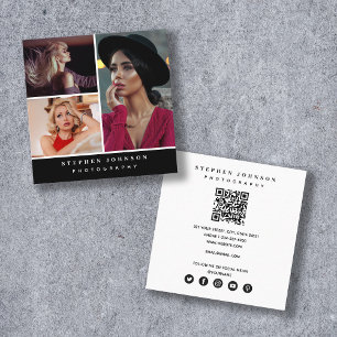 Tarjeta De Visita Cuadrada Fotógrafo 3 Fotos Código QR Iconos de medios socia