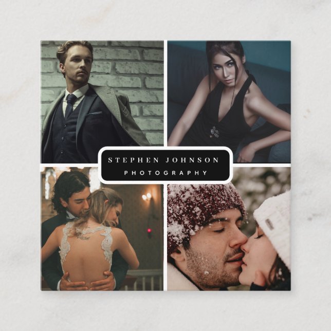 Tarjeta De Visita Cuadrada Fotógrafo 4 Fotos Código QR Iconos de medios socia (Anverso)