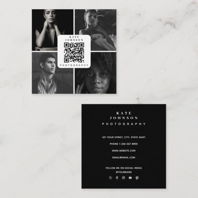 Tarjeta De Visita Cuadrada Fotógrafo blanco y negro 4 fotos Código QR (Anverso / Reverso)