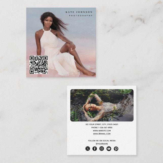 Tarjeta De Visita Cuadrada Fotógrafo de moda QR Code Iconos de medios sociale (Anverso / Reverso)