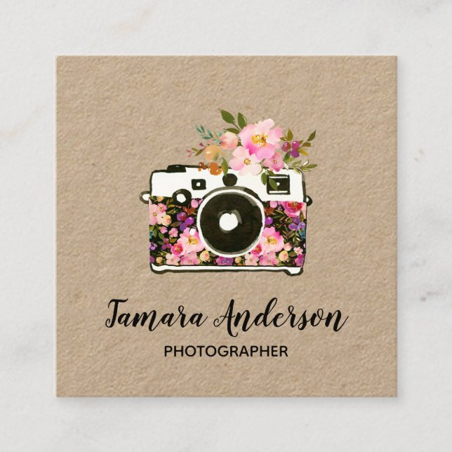 Tarjeta De Visita Cuadrada Fotógrafo floral rosado moderno Kraft de la cámara (Anverso)