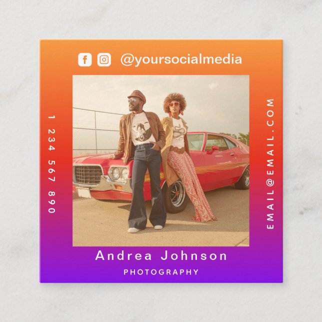 Tarjeta De Visita Cuadrada Fotógrafo Fotos Medios Sociales y Código QR Modern (Anverso)