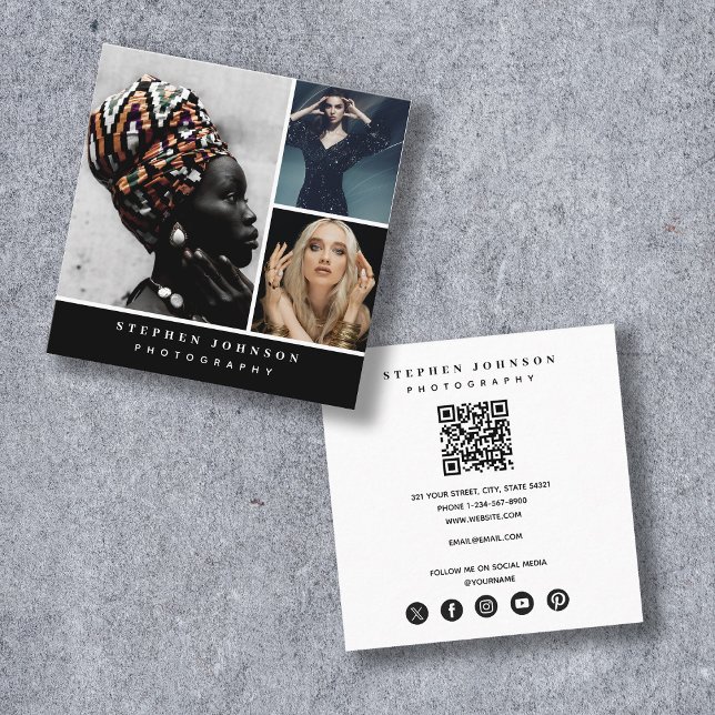 Tarjeta De Visita Cuadrada Fotógrafo moderno 3 fotos Código QR Medios sociale (Modern Photographer 3 Photos QR Code Social Media Square Business Card)