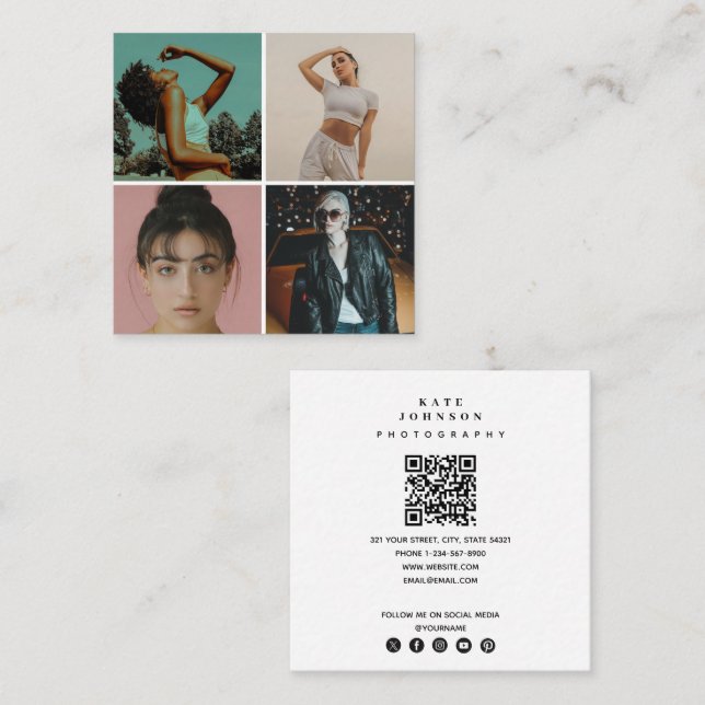 Tarjeta De Visita Cuadrada Fotógrafo moderno 4 fotos Grid QR Code (Anverso / Reverso)