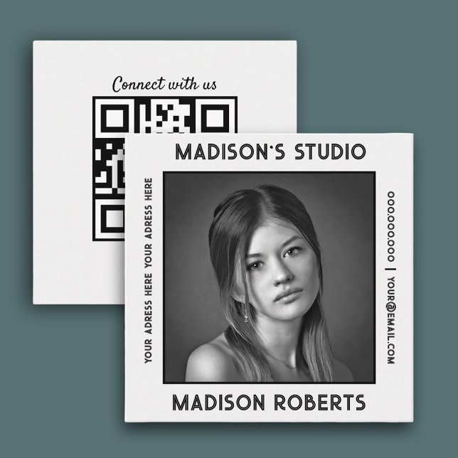 Tarjeta De Visita Cuadrada Fotógrafo personalizado de código QR foto moda de  (Subido por el creador)