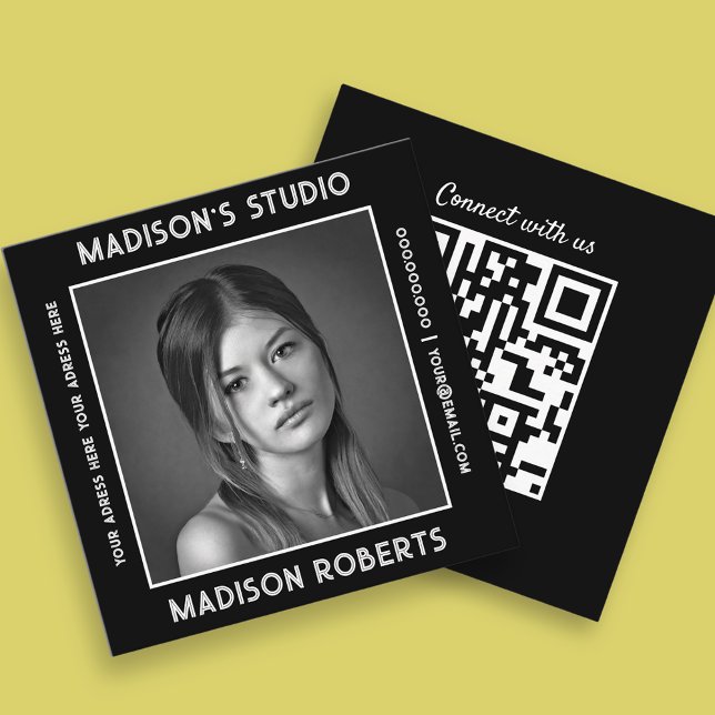 Tarjeta De Visita Cuadrada Fotógrafo personalizado de código QR foto moda neg (Subido por el creador)