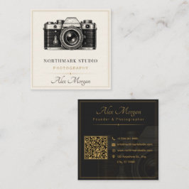 Tarjeta De Visita Cuadrada Fotógrafo Vintage | Código QR de Cámara de Oro de