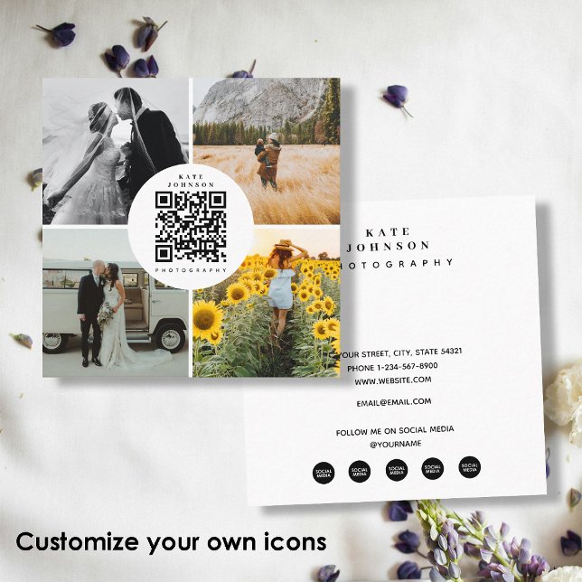 Tarjeta De Visita Cuadrada Fotos de fotógrafos Personalizados Iconos de medio (Photographer Photos Custom Social Media Icons Square Business Card)