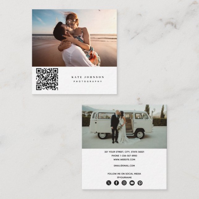 Tarjeta De Visita Cuadrada Fotos del fotógrafo Código QR Iconos de medios soc (Anverso / Reverso)