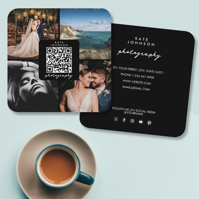 Tarjeta De Visita Cuadrada Fotos QR Código QR Script en medios sociales (Photographer Photos QR Code Social Media Script Square Business Card)