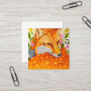 Tarjeta De Visita Cuadrada Fox Cute Watercolor Con Flores