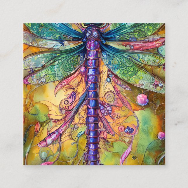 Tarjeta De Visita Cuadrada Fractal Watercolor Dragonfly (Anverso)