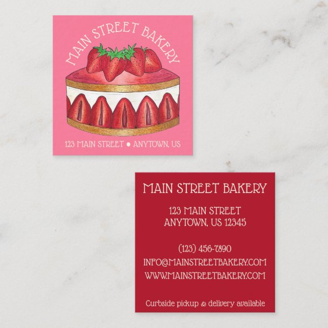 Tarjeta De Visita Cuadrada Fresa Fraisier Cake Pastelería Francesa Chef Bakú (Anverso / Reverso)