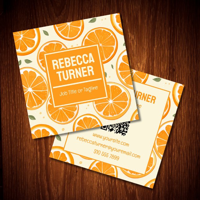 Tarjeta De Visita Cuadrada Fresh Orange Slice Pattern, Bright Citrus, QR Code (Subido por el creador)