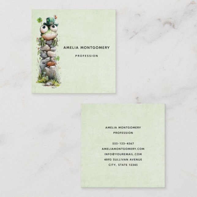 Tarjeta De Visita Cuadrada Frog with Green Hat and Shamrock Cute (Anverso / Reverso)