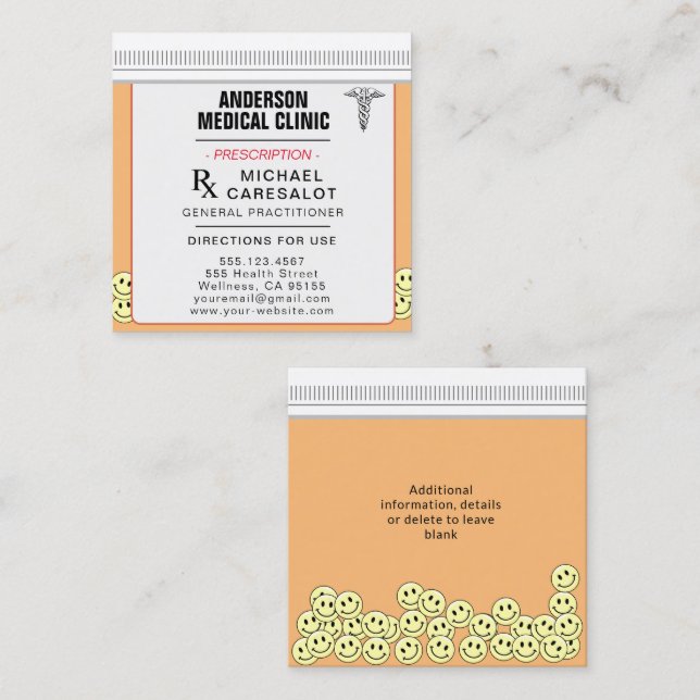 Tarjeta De Visita Cuadrada Fun Memorable Prescription Medical  Business Card (Anverso / Reverso)