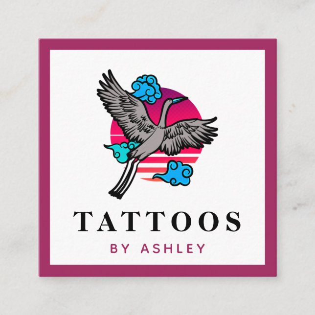 Tarjeta De Visita Cuadrada Funky artista japonés de Ilustracion de grúa (Anverso)