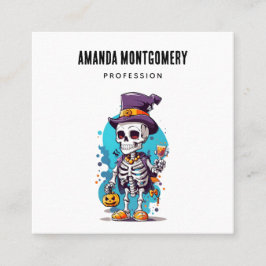 Tarjeta De Visita Cuadrada Funny Halloween Skeleton con sombrero superior