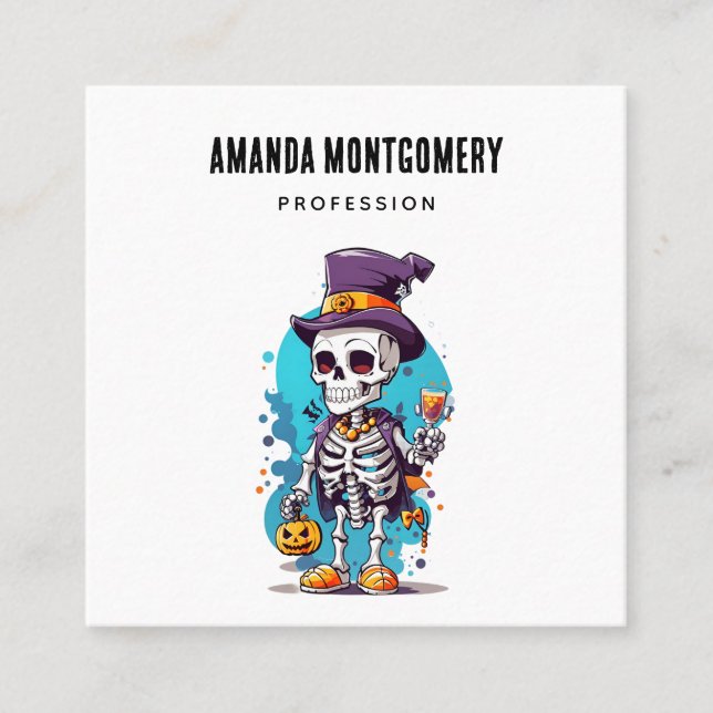 Tarjeta De Visita Cuadrada Funny Halloween Skeleton con sombrero superior (Anverso)