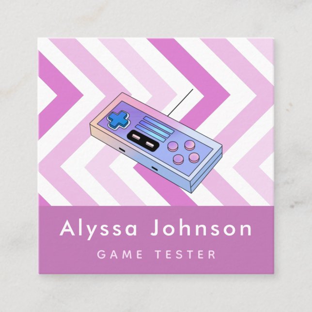 Tarjeta De Visita Cuadrada Game Tester Developer Retro Controller Gadget Pink (Anverso)