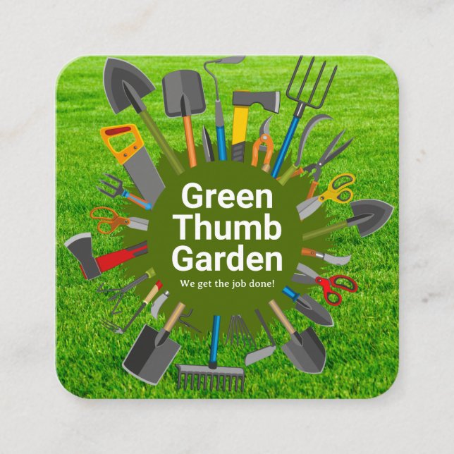 Tarjeta De Visita Cuadrada Gardening Tools Variety | Green Grass (Anverso)